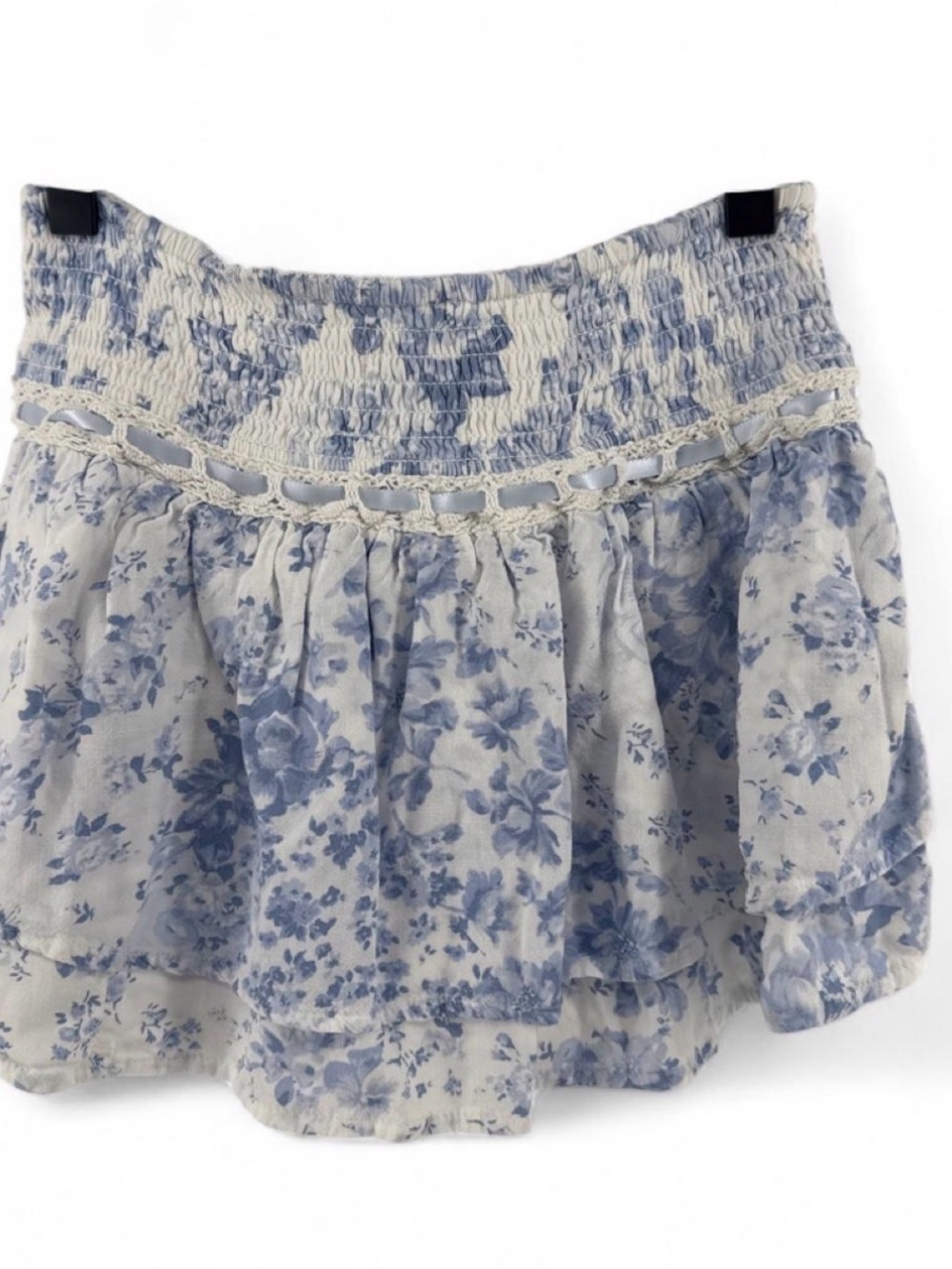 Smocked Floral Tiered Mini Skirt in Blue and White - Picture 2 of 5